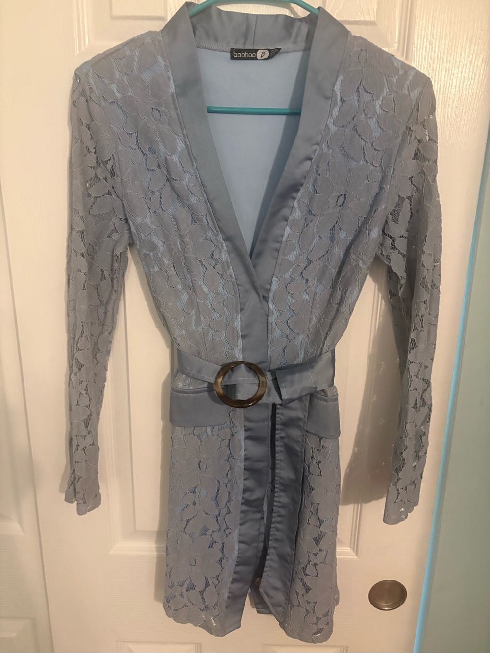 Boohoo Light Blue Lace Wrap Dress with Belt